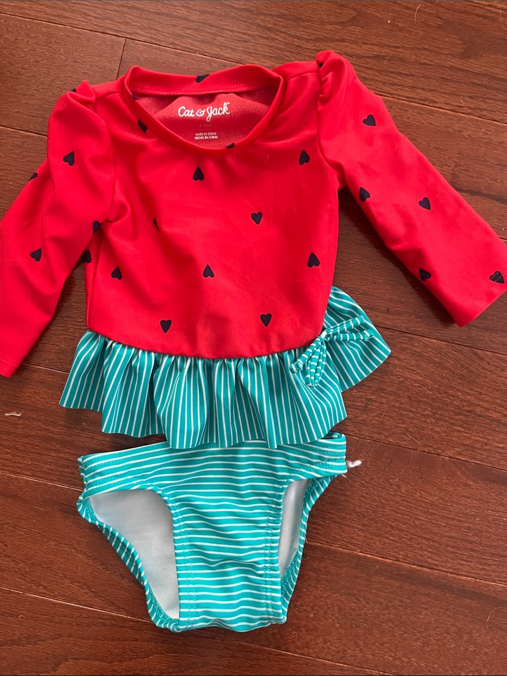 Cat & Jack Red Heart Long-Sleeve Rash Guard Swim Set with Teal Stripe Bottom